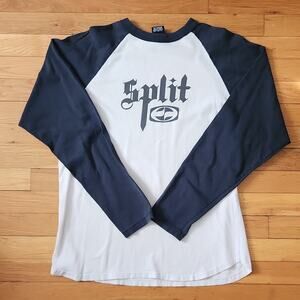 Vtg Split Long Sleeve Raglan Logo T-Shirt White Black Crew Neck Men L Y2K 2000s